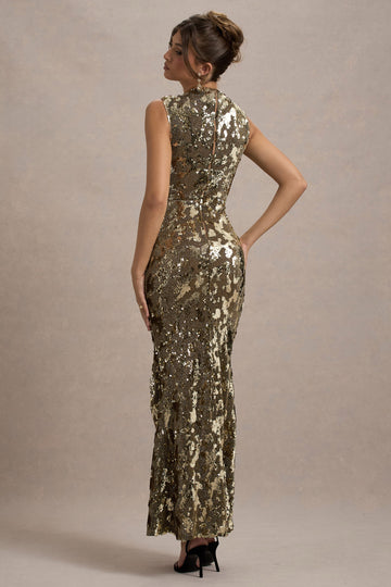 Cleopatra Gold Sequin Split Maxi Dress